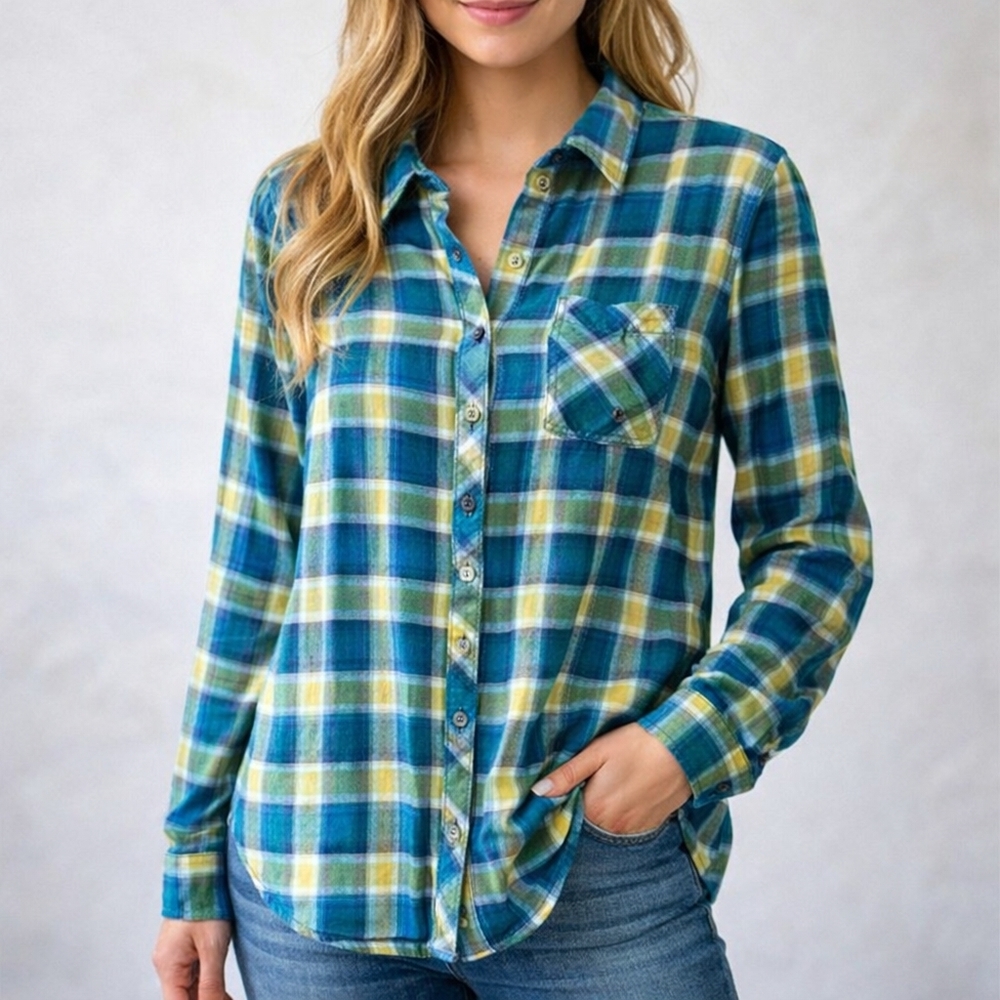 Christopher & Banks Medium Plaid Button Down Shirt Blue Green Yellow 100% Modal